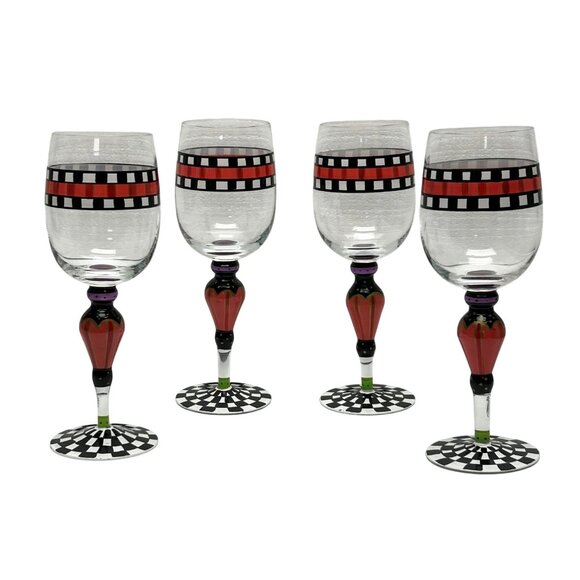 Vintage limited edition MacKenzie-Childs wine glasses 4 Hand-Painted Checkered - Picture 1 of 5